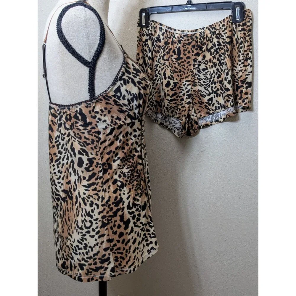 Womens Size Small 2 Pc Babydoll‎ Cami & Shorts Pajama Set Leopard Vintage Retro